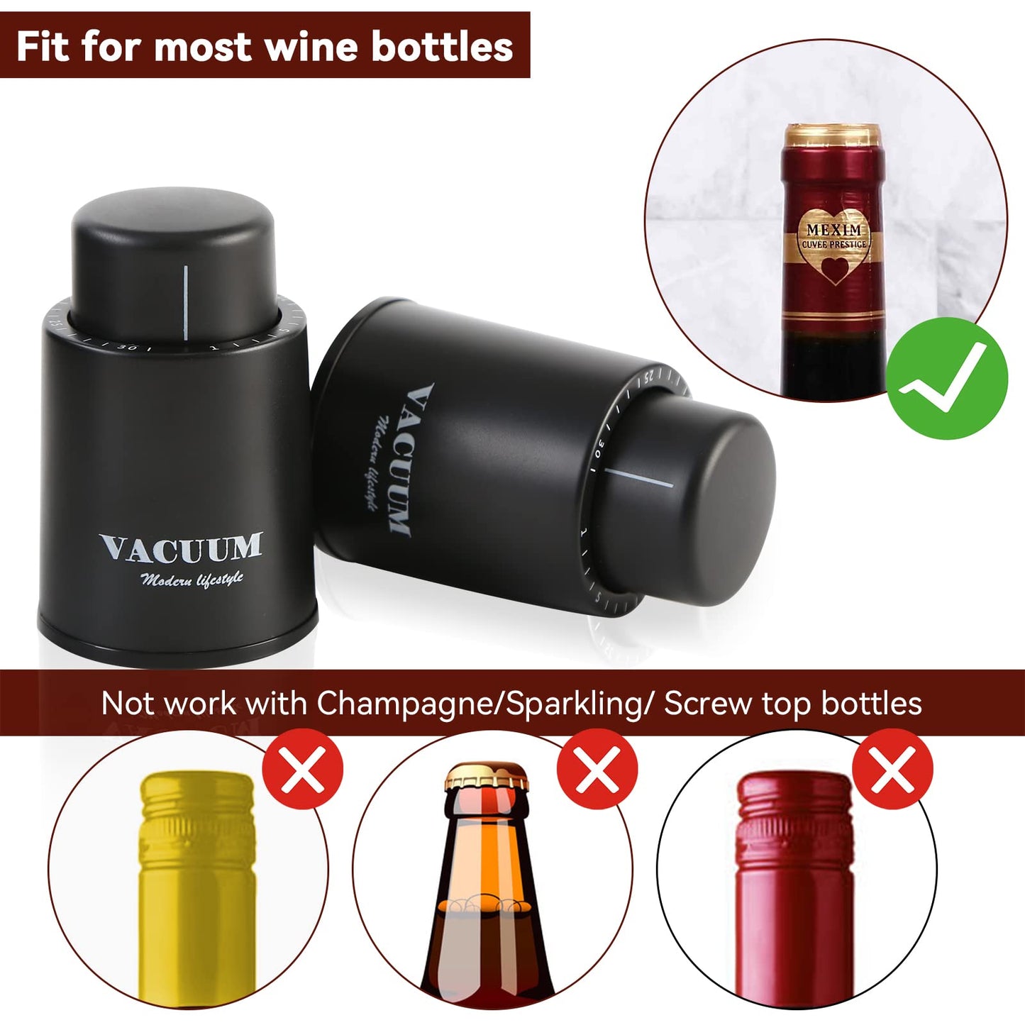 Wine Bottle Stoppers,Real Vacuum Stoppers,Reusable Wine Preserver,Wine Corks Keep Fresh,Best Christmas and Birthday Gifts for Wine Lovers.