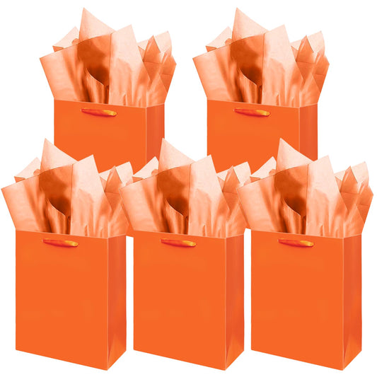 Gcardist Bright Orange Gift Bags with Tissue Paper for Wedding, Birthday, Party Supplies-7.9"x4.3"x9.6" Medium Size Cardboard Gift Bags（5pcs Bags + Tissue Paper ）