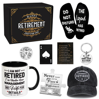 8 Pcs Retirement Gifts for Men 2026, The Legend has Retired Gift Ideas for Man Includes 11Oz Mug Cup Baseball Cap Socks Plaque Dice Keychain, Happy Retirement Gifts for Dad, Coworker, Boss, Teachers