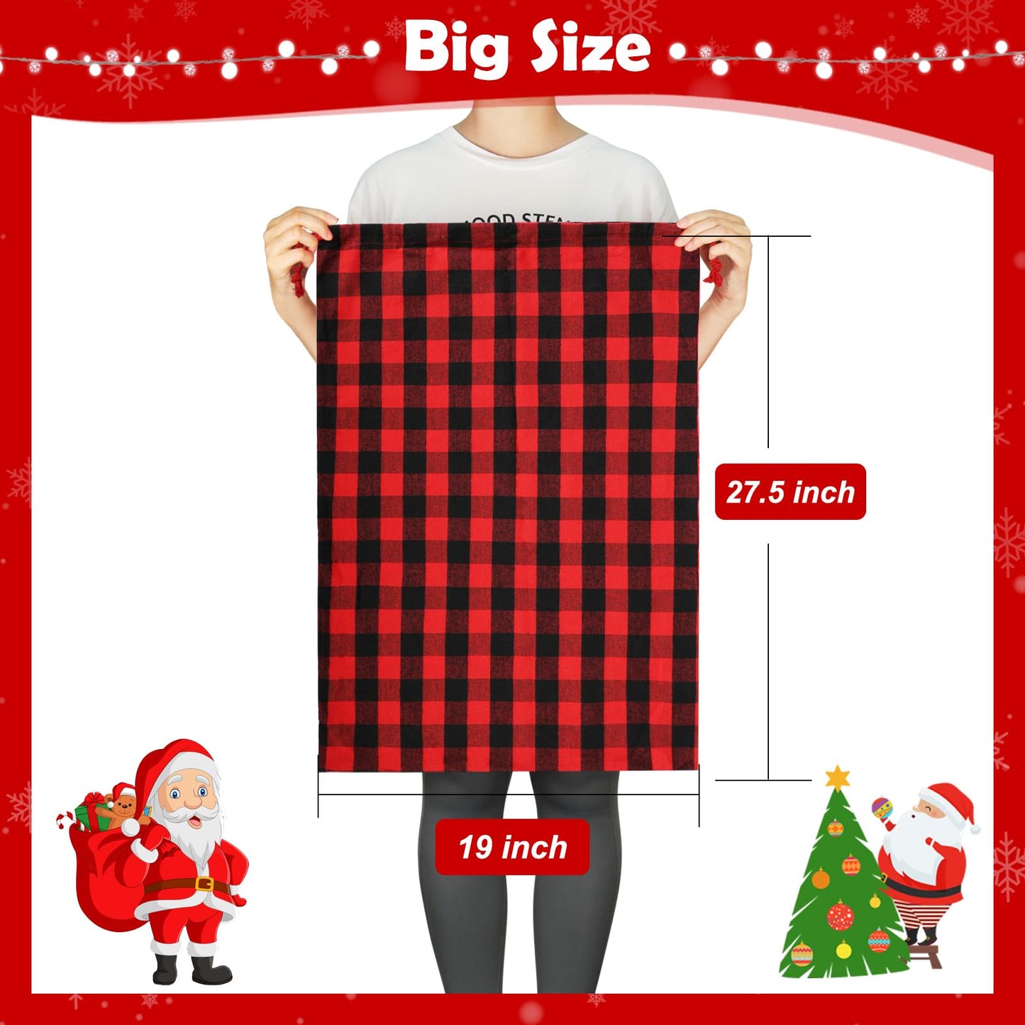 HRX Package 2pcs Cotton Santa Bags, 27.5x19inch Large Fabric Drawstring Christmas Gift Bags, Holiday Gift Wrap with Gift Tag for Presents
