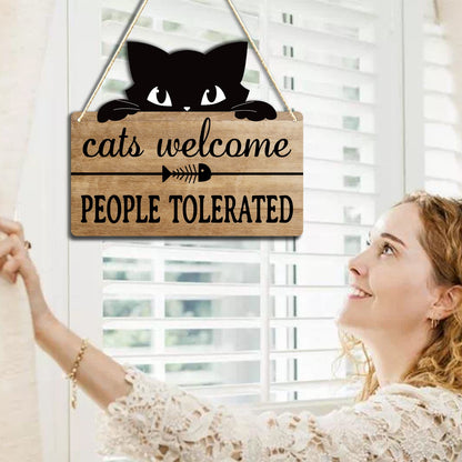 Cat Welcome People Tolerated Sign - Funny Cat Wall Decor for Home, Rustic Hanging Wooden Plaque with Black Cat， Unique Gift for Cat Lovers Women Men