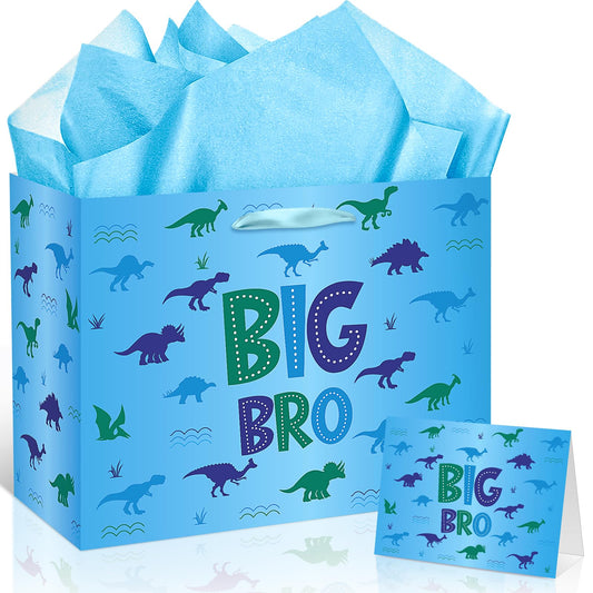 Big Brother Gift Bag for Boys, Cute Big Bro Gift Bag with Tissue Paper and Greeting Card Blue Wrapping Paper Cartoon Dinosaur New Brother Party Decoration for Little Boy Birthday Party Supplies