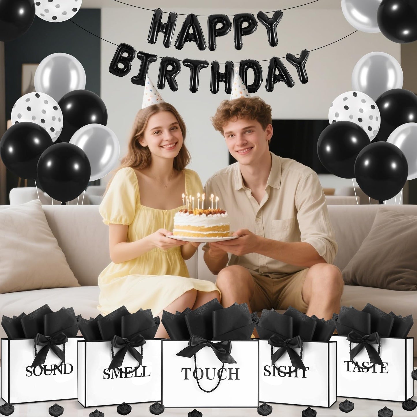 Epoesch 5 Senses Gift Bags for Him with Labels, Tissue Paper & Bow Ribbon | Happy Birthday Decorations Kit with Banner,Balloons, Rose Petals, Envelope, Card for Men, Women and Her (White with black trim)