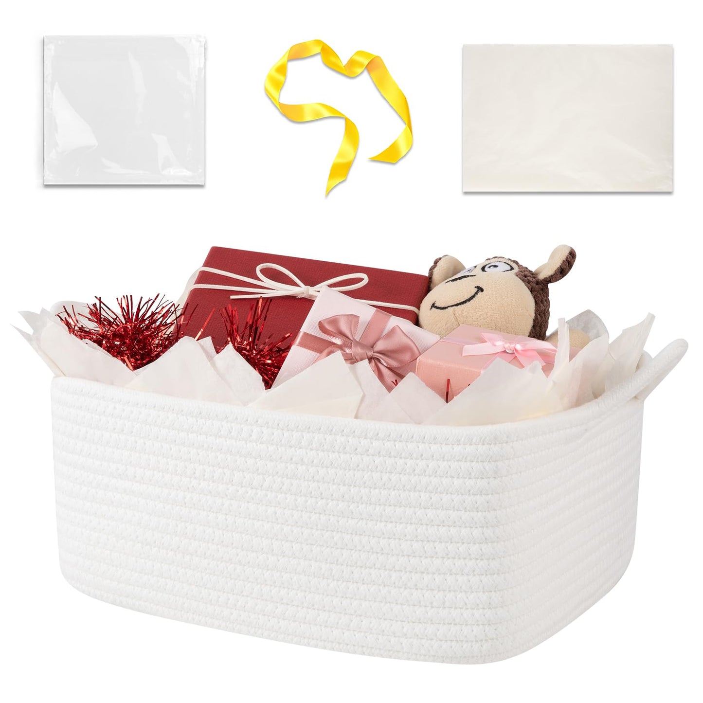 OIASKET Basket for Gifts Empty, Woven Storage Basket with Gift Bag, Ribbon and Wrap Tissue Paper, Small Rope Toy Storage with Handles for Baby Shower, Dog Toy Organizer, 13.6" x 10" x 5.9”