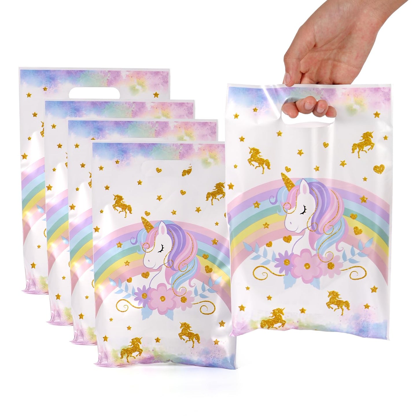 50 Pcs Unicorn Party Favor Bags with Handles - Plastic Treat Bags for Candy & Small Gifts, Bulk Supplies for Wedding Baby Shower Goodie Bags, Holiday Gift Bags for Thanksgiving Halloween Christmas New Years, Birthday Party Decorations