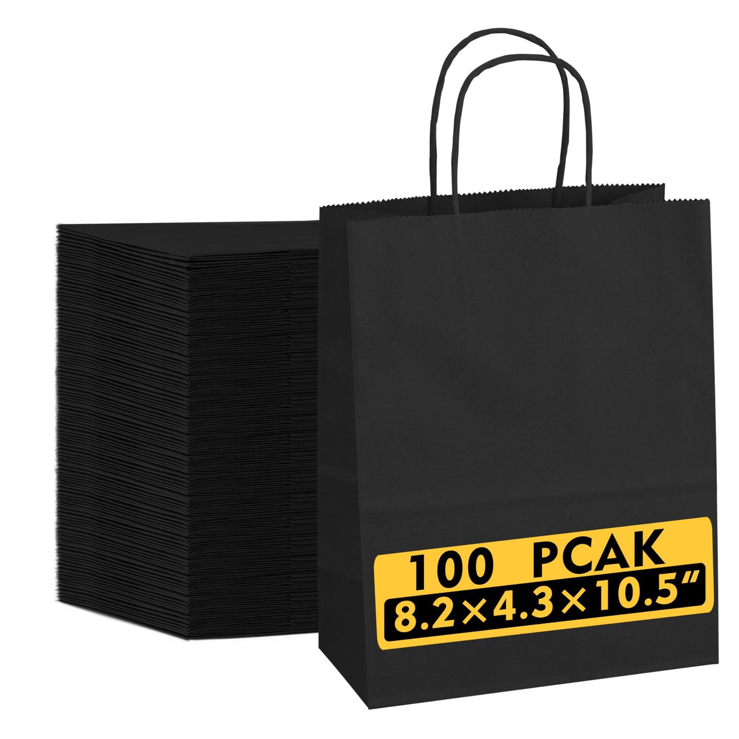 Tlpmsk 100 Pack Black Paper Bags with Handles,8.2x4.3x10.5 Inch Paper Gift Wrap Bags Bulk for Valentine's Day,Mother's Day,Shopping,Retail,Party Favors