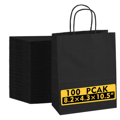 Tlpmsk 100 Pack Black Paper Bags with Handles,8.2x4.3x10.5 Inch Paper Gift Wrap Bags Bulk for Valentine's Day,Mother's Day,Shopping,Retail,Party Favors