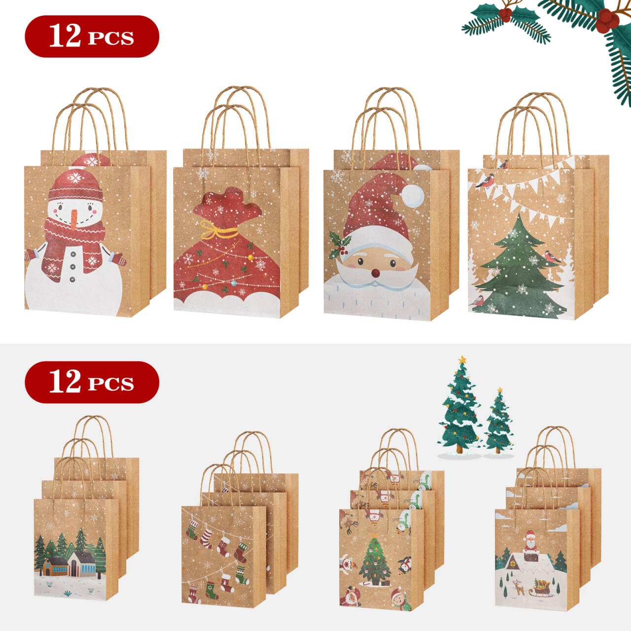 CHARMGIFTBOX Christmas Gift Bags, 24-Pack Kraft Paper Gift Bags with Handles, 12 Large 13” & 12 Medium 9” Assortment for Holiday Party Favors, Gift Wrapping, Xmas Decor