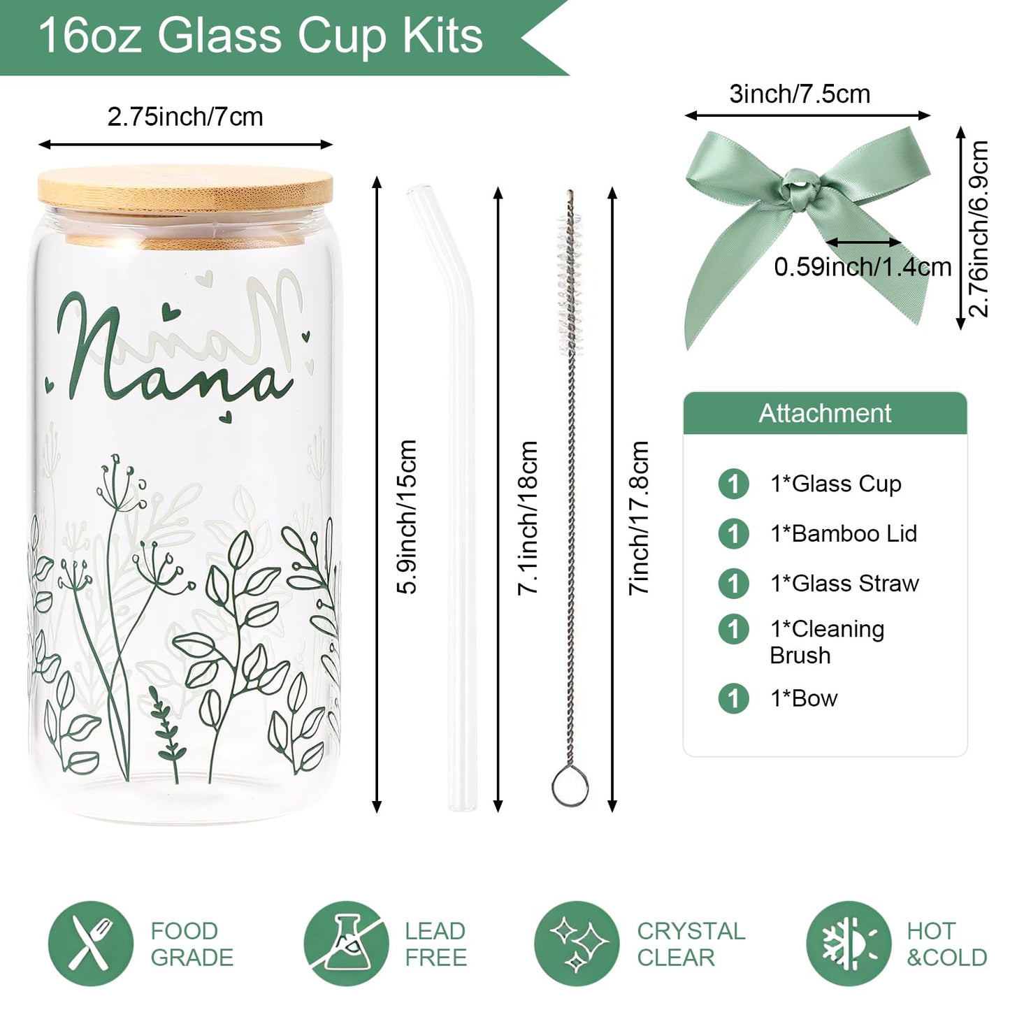 Gifts for Nana-Bow Glass Cup Nana Gift Cute Iced Coffee Cup with Lids and Straws for Grandma Birthday Gifts Mother day Grandmother Presents Stuff from Granddaughter Grandson Grandkids 16OZ