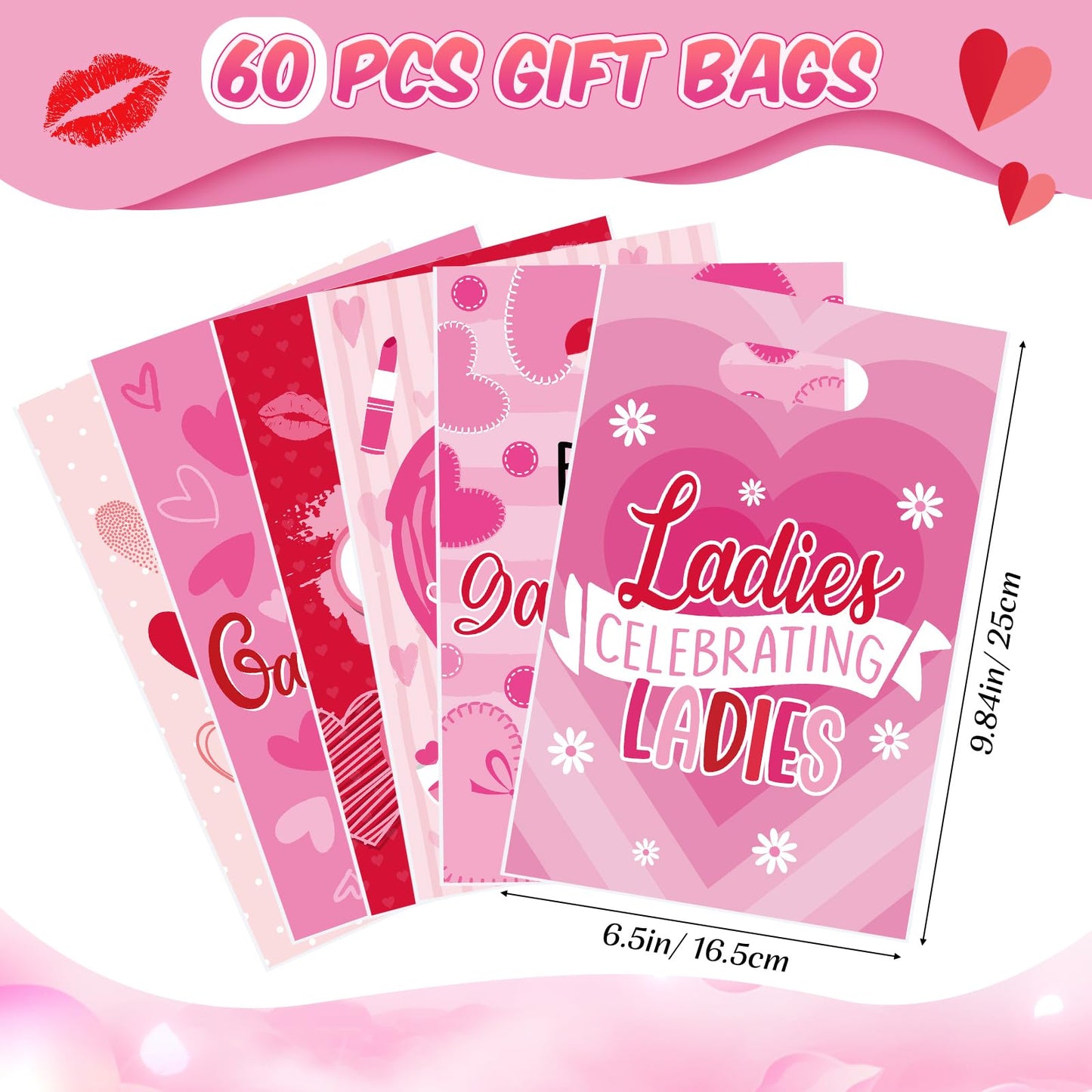 Teenyyou 60 Pcs Galentines Day Gift Bags Pink Red Plastic Heart Treat Bags Small Valentines Goodie Handbags for Women Sweet Day Friendship Party Supplies