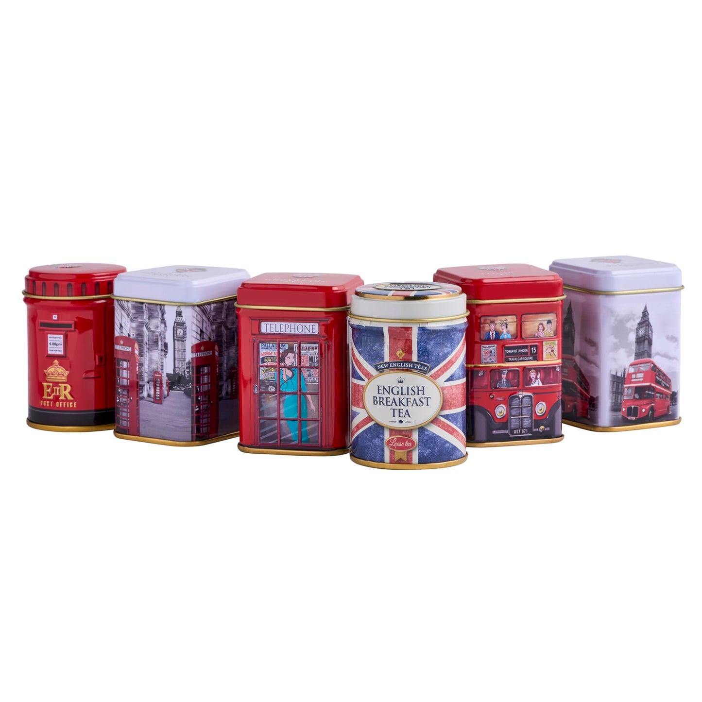 New English Teas British Icons 6x Tea Tin Gift Pack with 140g Loose English Tea - Union Jack, London Bus and Phone Box, UK Souvenir