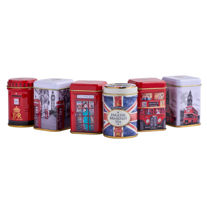 New English Teas British Icons 6x Tea Tin Gift Pack with 140g Loose English Tea - Union Jack, London Bus and Phone Box, UK Souvenir