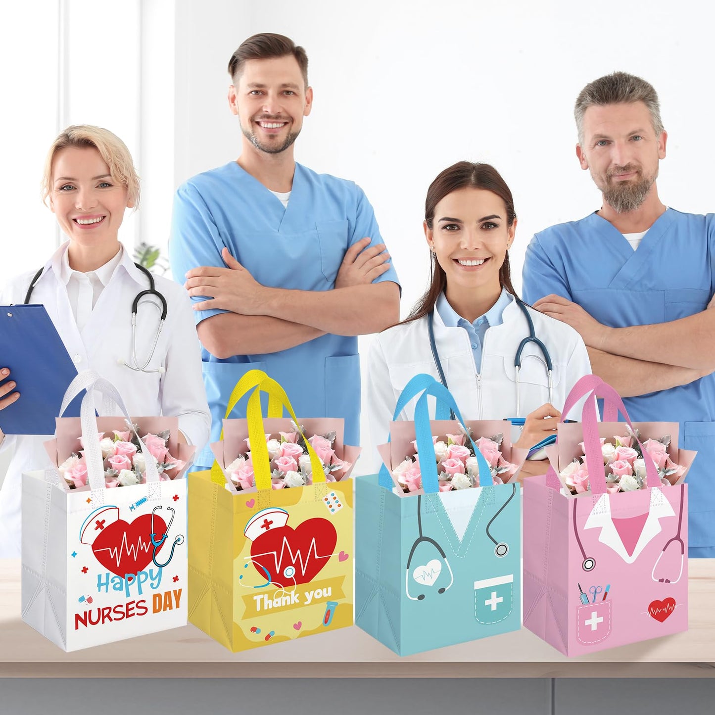 KOPOOEOE 24 Pcs Nurse Week Gifts Bags Bulk Nurse Appreciation Gift Bag with Handles Reusable Thank You Treat Bag for Rn Cna Crna Non Woven Treat Tote Bags for Medical Assistant Party Favor