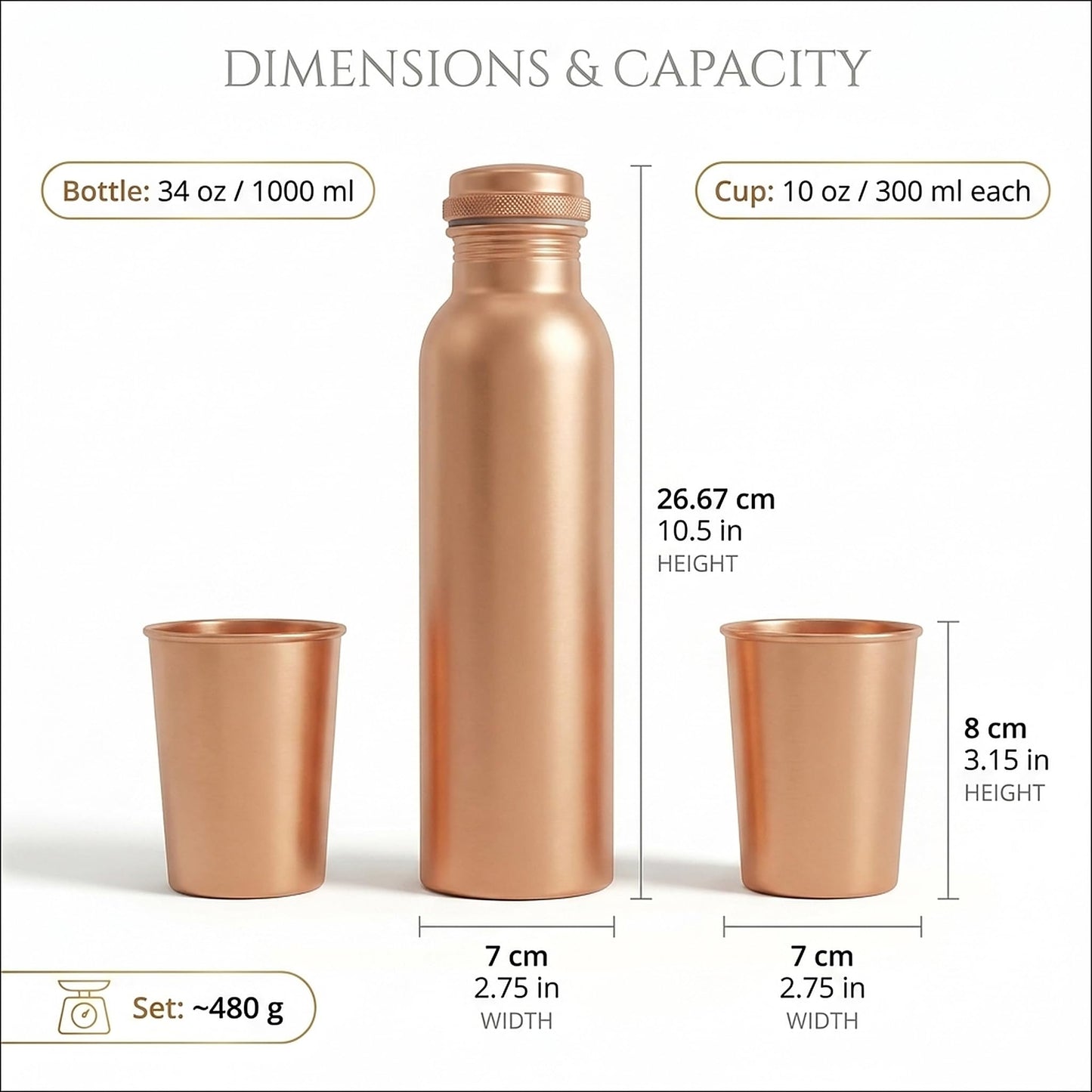 Pure Copper Water Bottle and 2 Tumblers Set - 3 Piece Handcrafted Drinkware Gift Set | 34 Oz Bottle + Two 10 Oz Cups | Jointless Leakproof Ayurvedic Wellness & Hydration