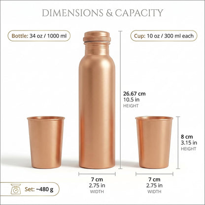 Pure Copper Water Bottle and 2 Tumblers Set - 3 Piece Handcrafted Drinkware Gift Set | 34 Oz Bottle + Two 10 Oz Cups | Jointless Leakproof Ayurvedic Wellness & Hydration