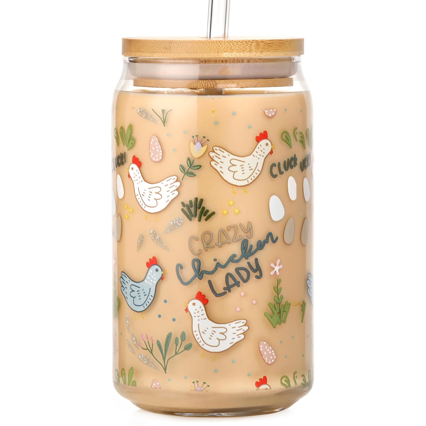 SUPREME LIGHTS ·2017· 16 oz Funny Chicken Glass Cup with Lid & Straw, Chicken Gifts for Chicken Lovers, Chicken Cups Gifts for Women Men Boys Girls Kids, Ideal for Crazy Chicken Lady