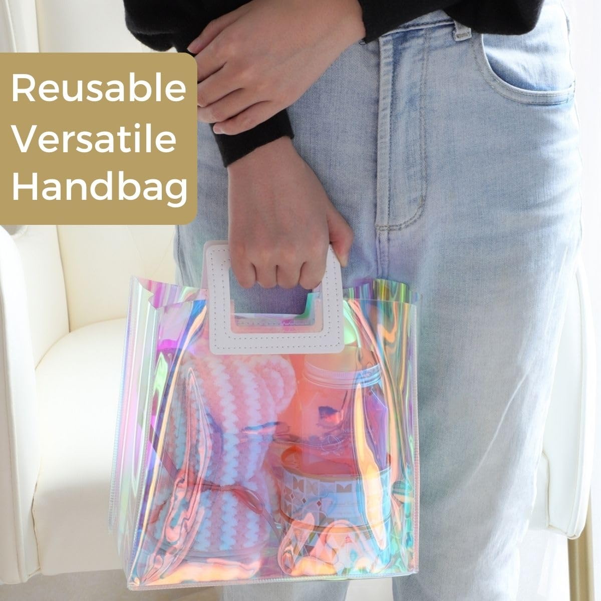 VUOJUR Holographic Small Gift Bag 8.3x8x4'' Clear Reusable Birthday Gift Bag for Women Girls Iridescent Bachelorette Wedding Christmas with Handle