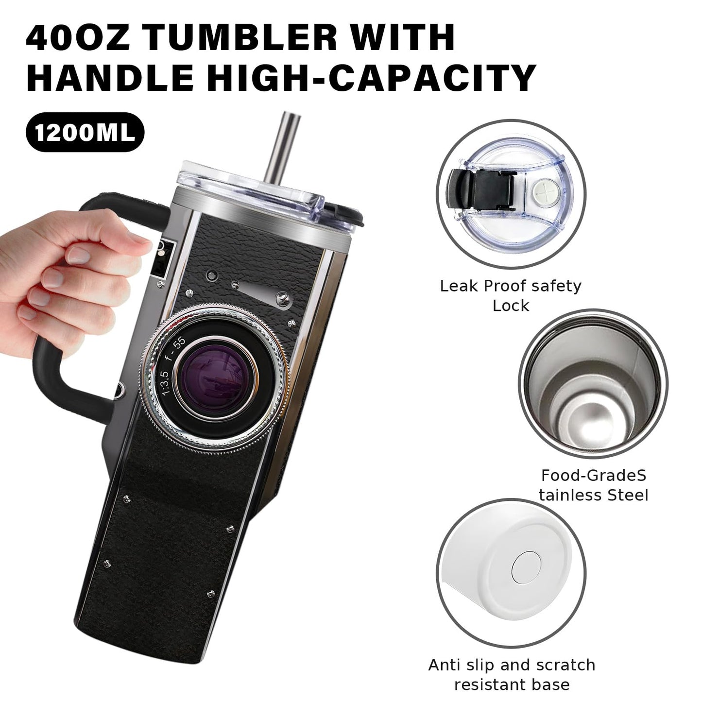 Photographer Gifts for Women Men Tumbler with Handle Straws 40oz Photography Lovers Camera Lens Coffee Cup Mugs, Cool Photographers Birthday Christmas Gift