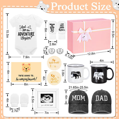 New Parents Gifts for Couples, First Time Mom & Dad Baby Gift Basket with Decision Coin, Ultrasound Frame, Caps, Gender Reveal Present, Expecting Parents, Pregnancy Announcement, Congrats