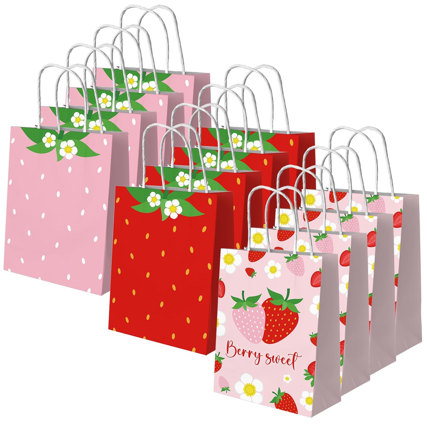 Dydamud Strawberry Paper Bags, 12 Pack Strawberry Goodie Bags With Handles, Strawberry Paper Party Favor Bags For Kids Birthday, Baby Shower, Strawberry Candy Bags for Strawberry Party Decorations