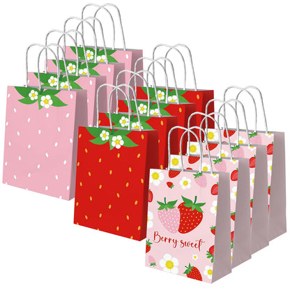 Dydamud Strawberry Paper Bags, 12 Pack Strawberry Goodie Bags With Handles, Strawberry Paper Party Favor Bags For Kids Birthday, Baby Shower, Strawberry Candy Bags for Strawberry Party Decorations