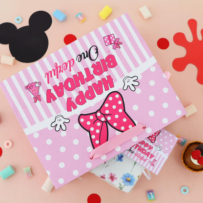 BAOOOFUL 13" Pink Mouse Theme Happy 1st Birthday Gift Bag with Tissue Paper and Greeting Card for Party,Birthday Wrapping Paper for Boy and Girls,Party Decorations Party Supplies(1 Pcs)