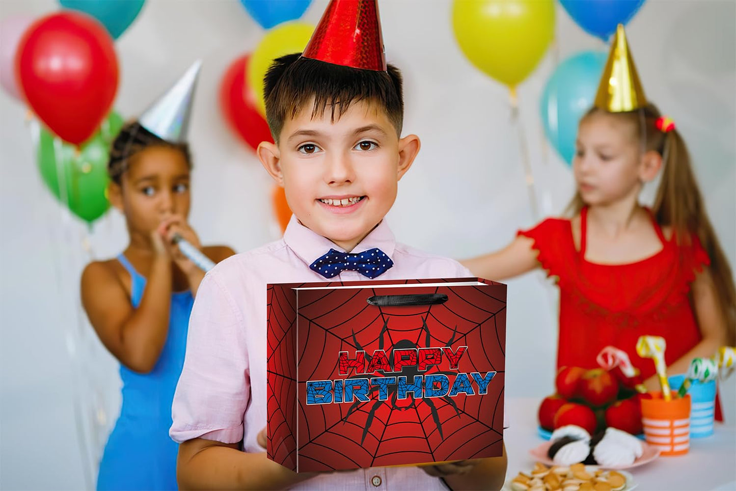 Ranfashiong 13" Red Large Spider Kids Birthday Gift Bag with Tissue Paper and Card, Spider Webs Design Wrapping for Boys, Girls Halloween Party Decor