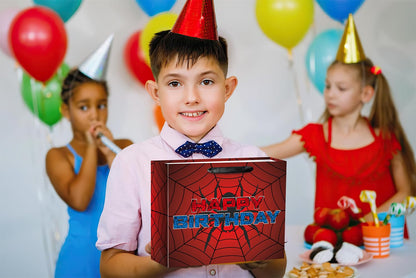 Ranfashiong 13" Red Large Spider Kids Birthday Gift Bag with Tissue Paper and Card, Spider Webs Design Wrapping for Boys, Girls Halloween Party Decor