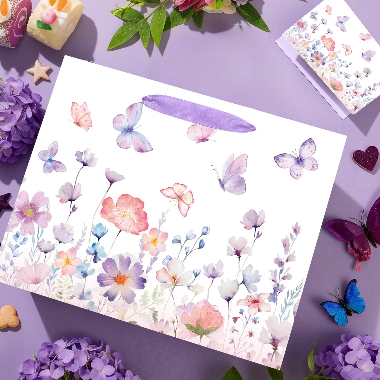 Purple Butterfly Gift Bag for Women Girls Purple Floral Birthday Party Favors Bags with Wrapping Tissue Paper and Greeting Card for Birthday Wedding Shower Party Supplies