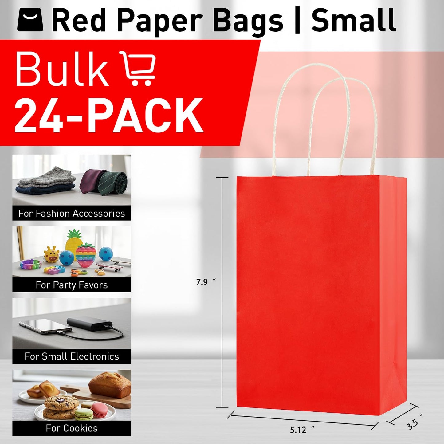 SUNCOLOR 24-Pack Red Gift Bags with Handles, 7.9 x 5.12 x 3.15 Inch Kraft Paper Goodie Bags for Christmas, Valentine's Day, Birthday Party Favors