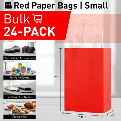 SUNCOLOR 24-Pack Red Gift Bags with Handles, 7.9 x 5.12 x 3.15 Inch Kraft Paper Goodie Bags for Christmas, Valentine's Day, Birthday Party Favors