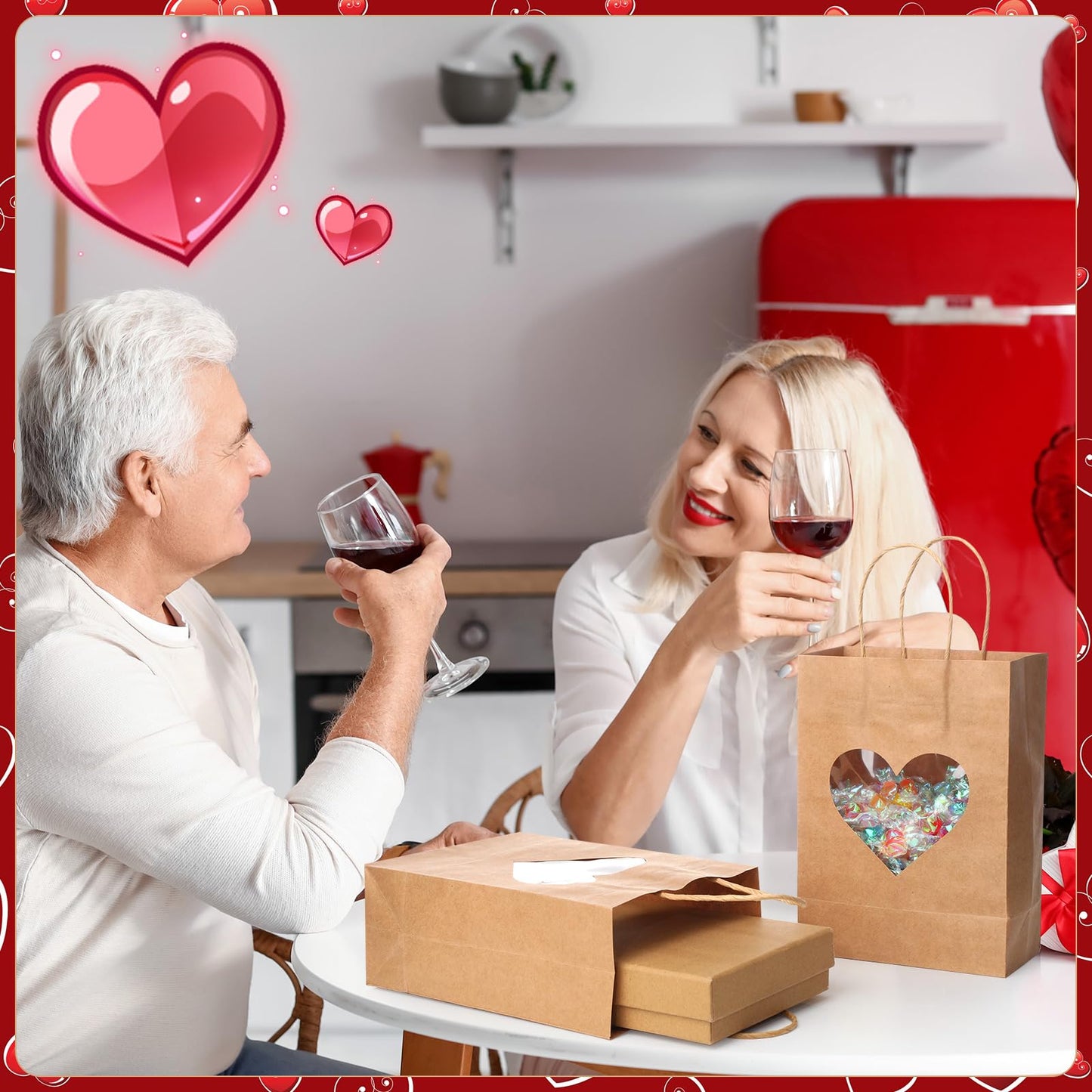 Eersida 24 Pcs Valentine's Day Gifts Bags with Heart Window Kraft Brown Paper Goodie Bag Bulk Holiday Candy Treat Wrapping with Handle for Galentines Wedding Birthday Party Supplies, 8.3"x5.9"x3.2"