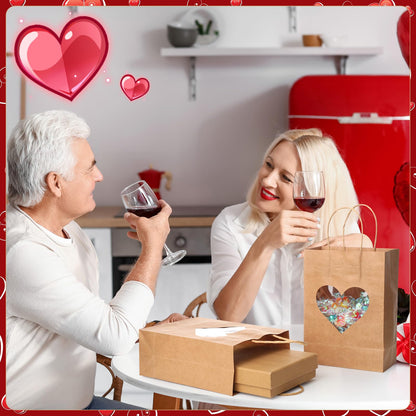 Eersida 24 Pcs Valentine's Day Gifts Bags with Heart Window Kraft Brown Paper Goodie Bag Bulk Holiday Candy Treat Wrapping with Handle for Galentines Wedding Birthday Party Supplies, 8.3"x5.9"x3.2"