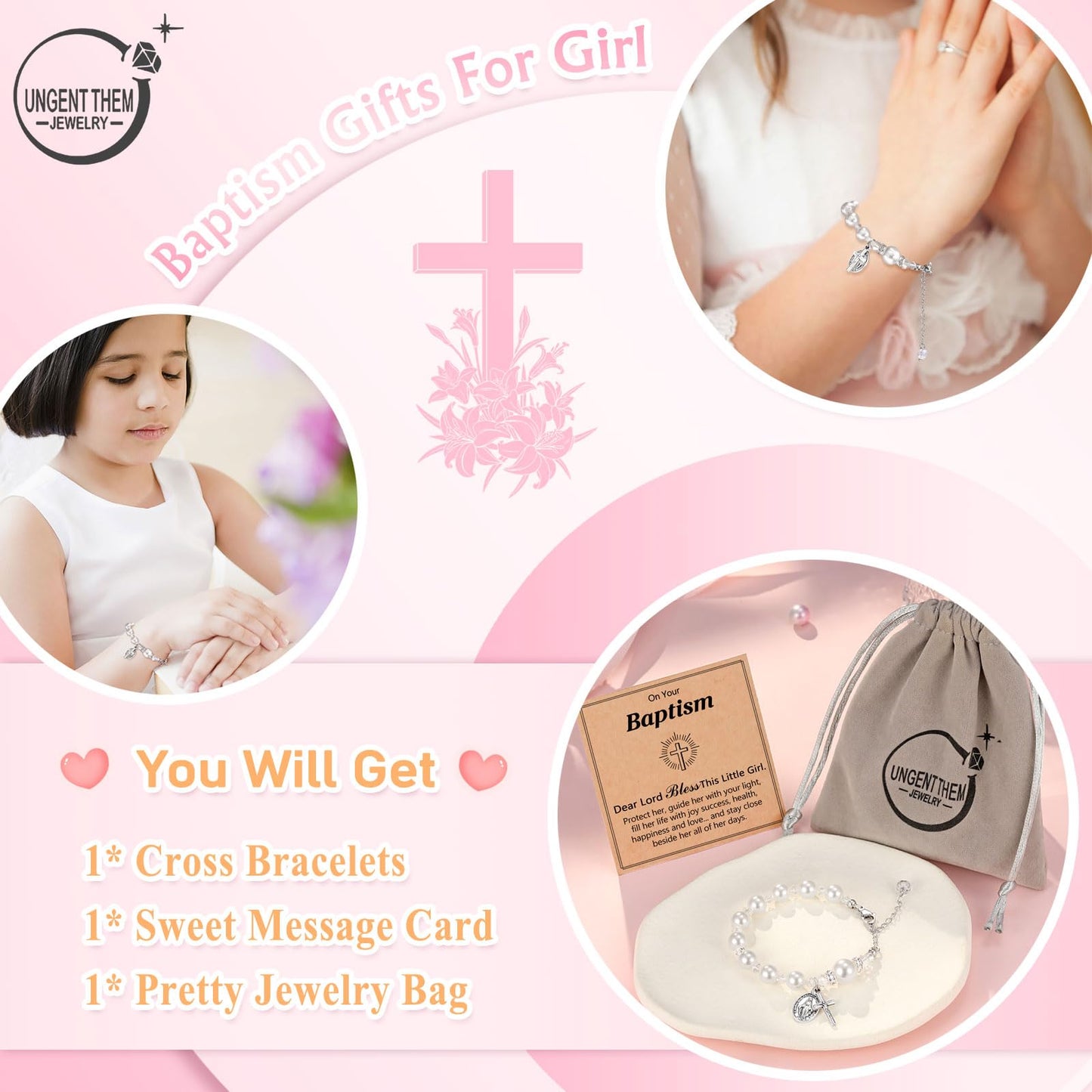 UNGENT THEM Rosary Cross Pearl Bracelet Baptism Communion Catholic Confirmation Easter Gifts for Girls Granddaughter Daughter Niece