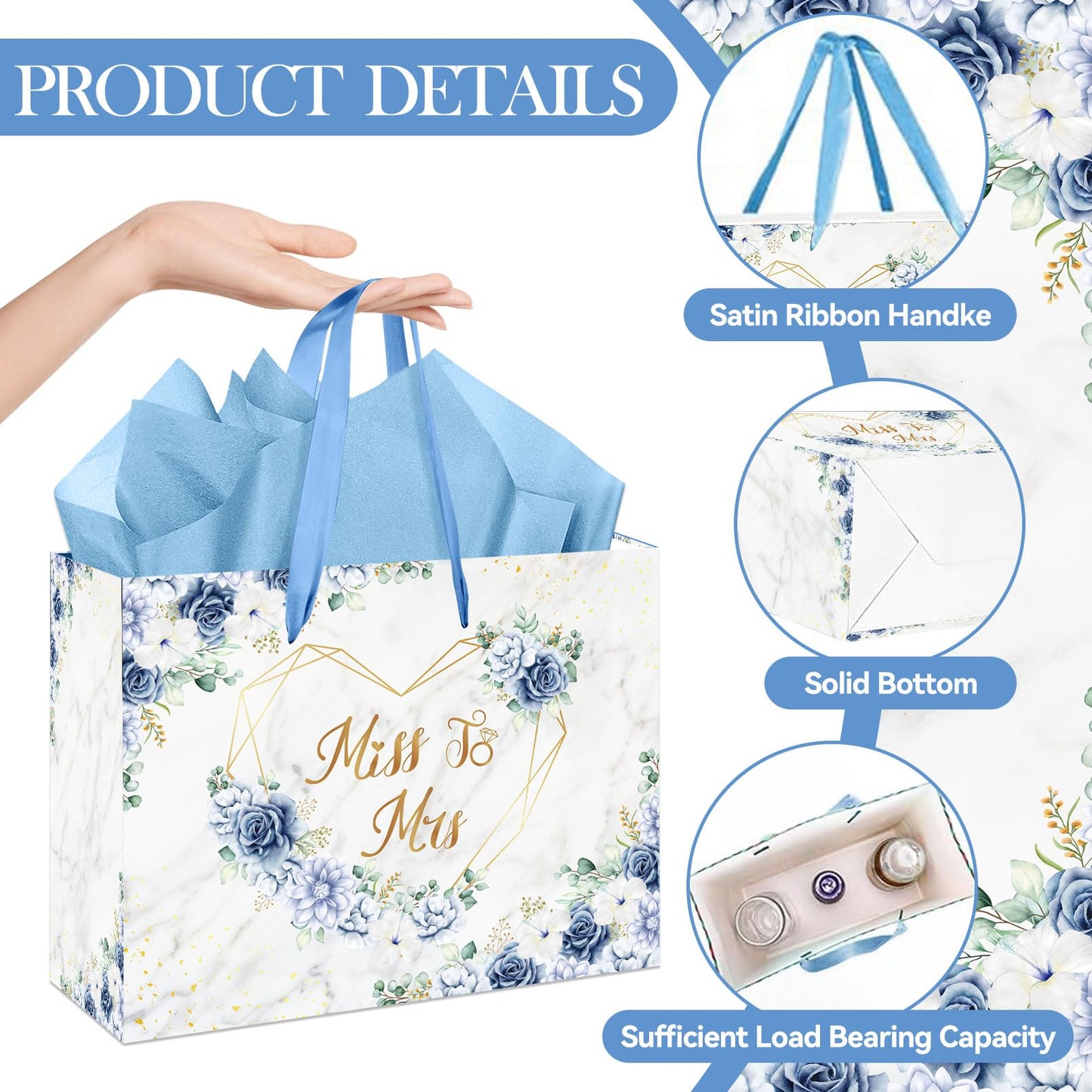 EIGHTSTATES Boho Bridal Shower Gift Bag Blue Floral Miss to Mrs Gift Bags with Card Tissue Bridal Shower Gift Wrapping Paper Bag for Weddings Bachelorette Parties Bridal Showers