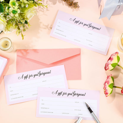 Junkin 60 Pcs Blank Gift Certificate Card and Paper Vouchers and Pink Envelopes Gift Voucher Blank Gifts Cards for Thanksgiving Businesses Wedding Baby Shower, 8.66 x 4.33 Inches
