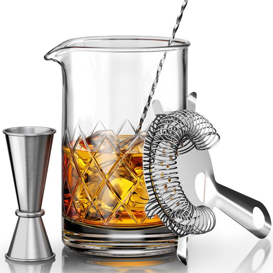 MOFADO. Premium Crystal Cocktail Mixing Glass Set - Professional Bartender Tools/Bar Accessories - Thick Bottom Pitcher/Beaker,Jigger, Muddler, Spoon-4 piece (24 Oz) Ideal Gift