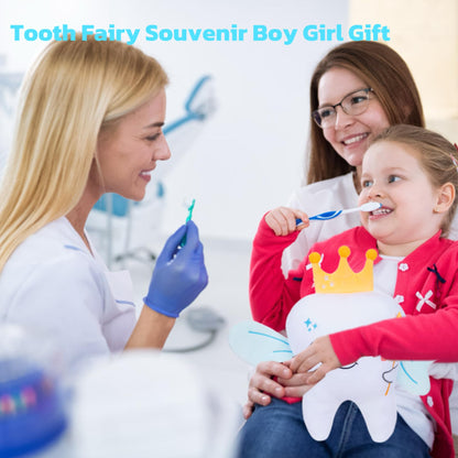 Tooth Fairy Plush Holder Gift – 12 Inch Big Tooth Pillow Crown Blue Wings Star Wand Kids' Tooth Fairy Gift for Boys Girls with Pocket