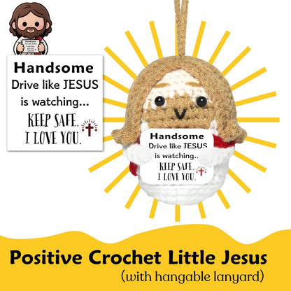 Easter Basket Stuffers for Men Driver: Crochet Little Jesus Christian Gifts Handmade Car Decors with 'Keep Safe' Cards Rearview Mirror Hanging Accessories, Catholic Religious Husband Him Gift Ideas