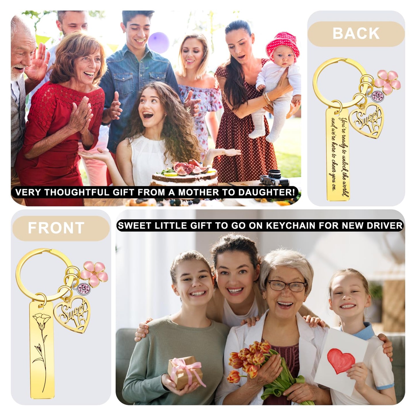 Sweet Sixteen Gifts for Girls - 16th Birthday - 16 Year Old Teen Girl Valentine's Day Gifts from Mom Dad Grandpa Grandma Aunt, Double-Sided Engraved Stainless Steel Gold Keychain
