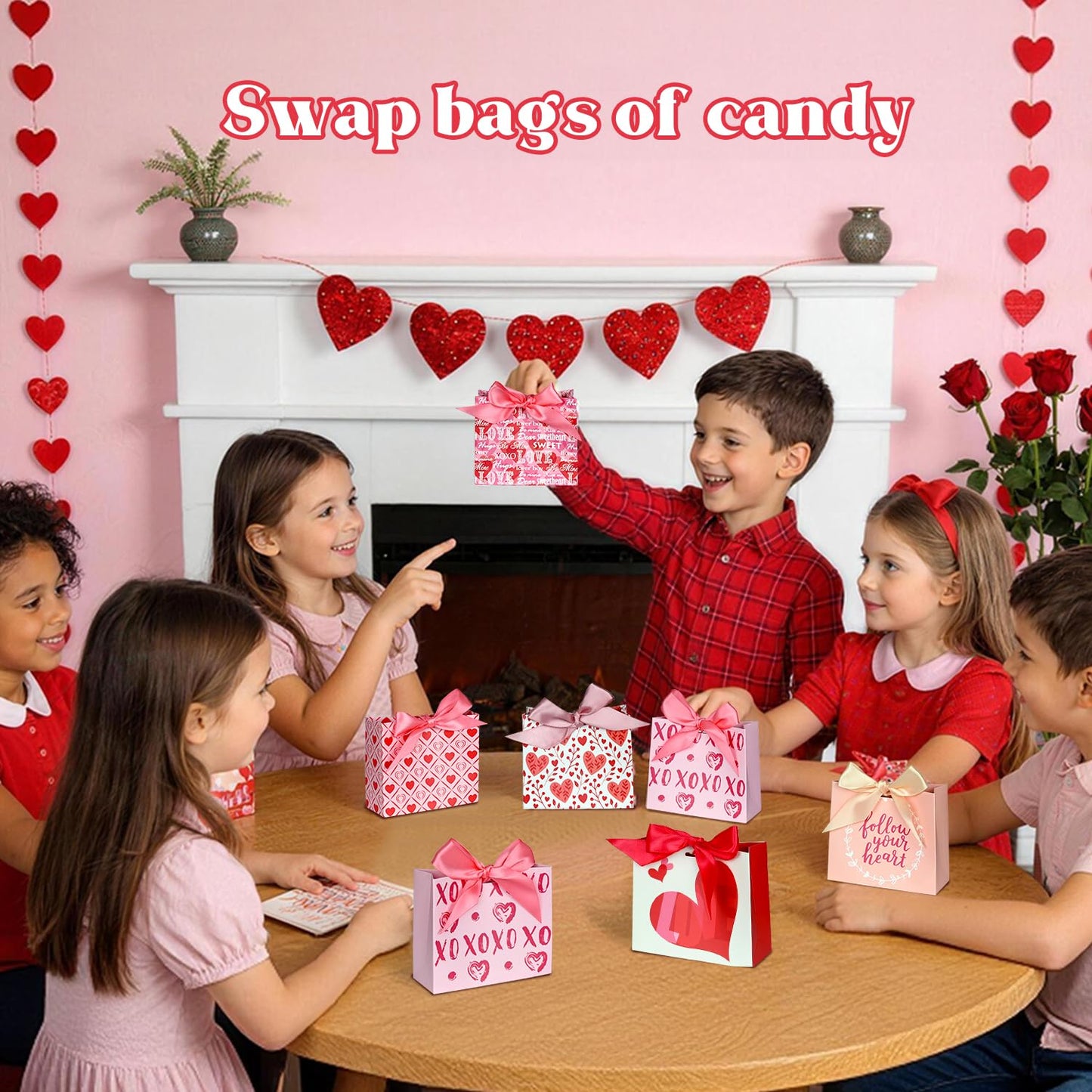 Nimbbex 24 Pack Small Valentines Gift Bags with Bow Ribbons, 4.5" X 1.8" X 3.9" Love Heart Valentines Bags, Mini Valentines Bags for Weddings, Holidays, Classroom, Valentine's Day Gift Giving