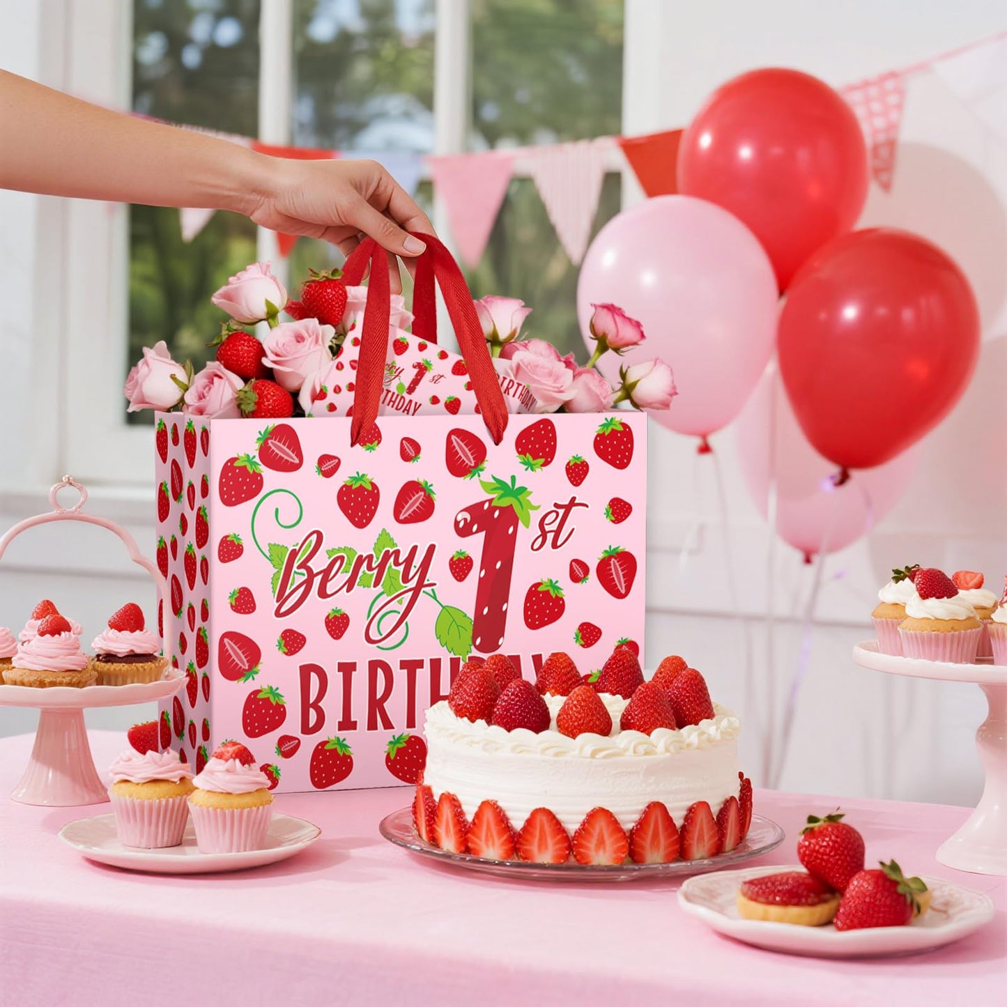 Loveinside 13" Large Berry 1st Birthday Gift Bag, Sweet Pink Strawberry Theme Gift Bag with Tissue Paper for Baby Girl First Birthday, New Born Baby Shower, Party Favor, 13" x 5" x 10", 1 Pcs