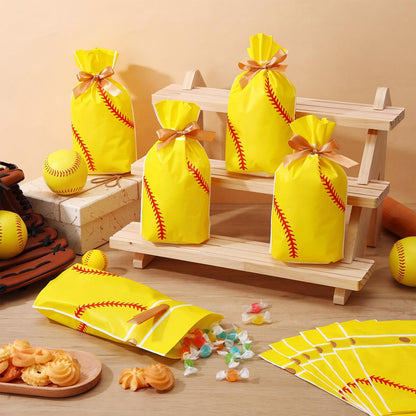 SilTriangle 50 Pcs Softball Party Gift Bags for Team Girls Plastic Softball Snack Bag Goodie Bags with Drawstring for Daughter's Game Party Supplies
