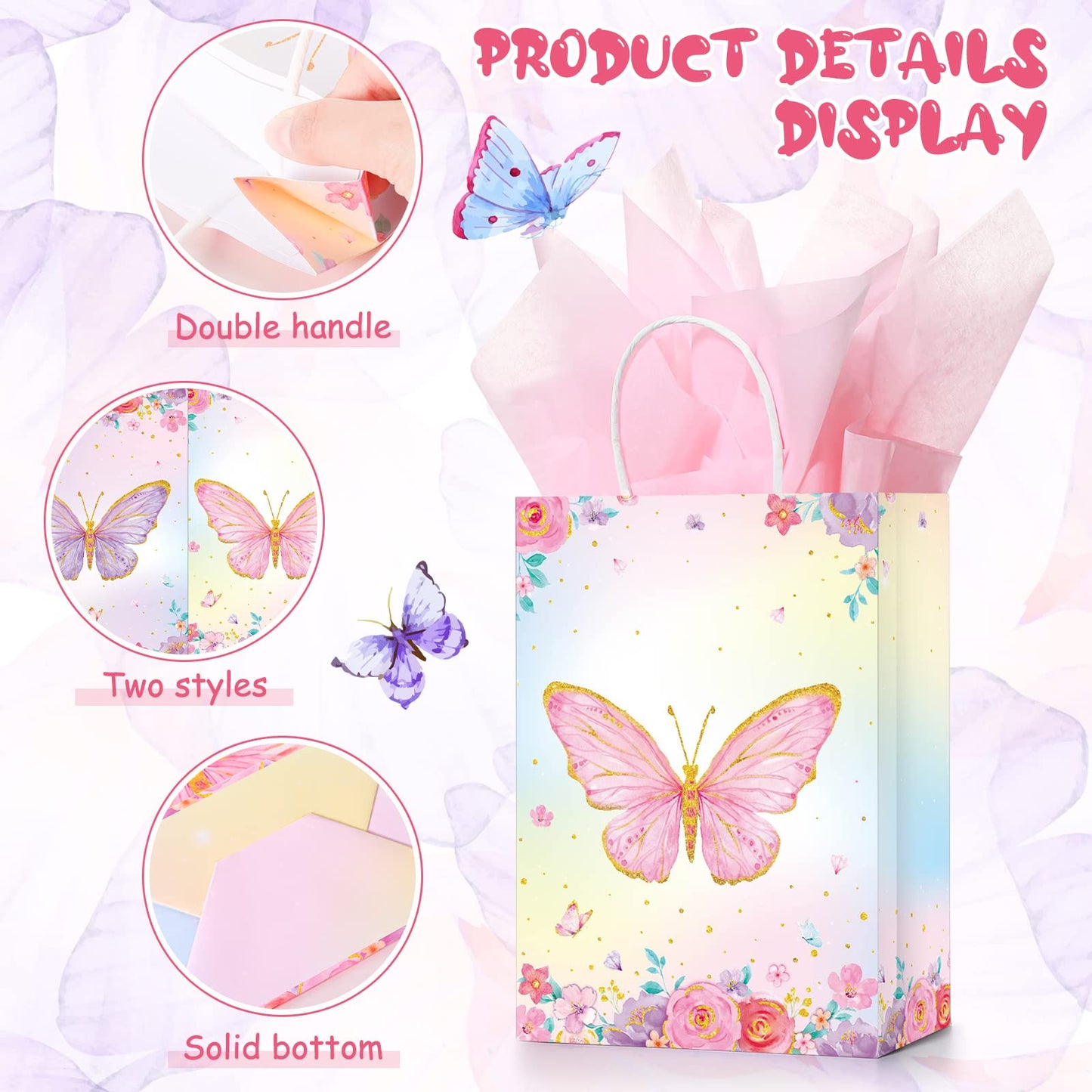 Leinuosen 16 Sets Butterfly Party Favor Bags, Butterfly Gift Bags with Tissue Paper, Pink Purple Floral Goodie Treat Totes for Birthday, Wedding, Baby Shower, Tea Party(Watercolor Style)
