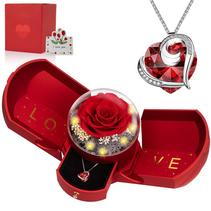 Preserved Real Red Rose with Necklace -Mothers Day Gifts for Mom Her Wife Girlfriend Women Grandma on Valentines Mothers Day Sweetest Day Christmas Anniversary Romantic-Red