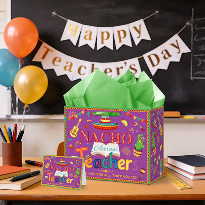 Woosytoo Nacho Average Teacher Appreciation Gift Bag with Wrapping Paper Card Mexican Fiesta Teacher Appreciation Week End of Year Thank You Gifts for Women Men Educators Daycare Tutors Best Presents