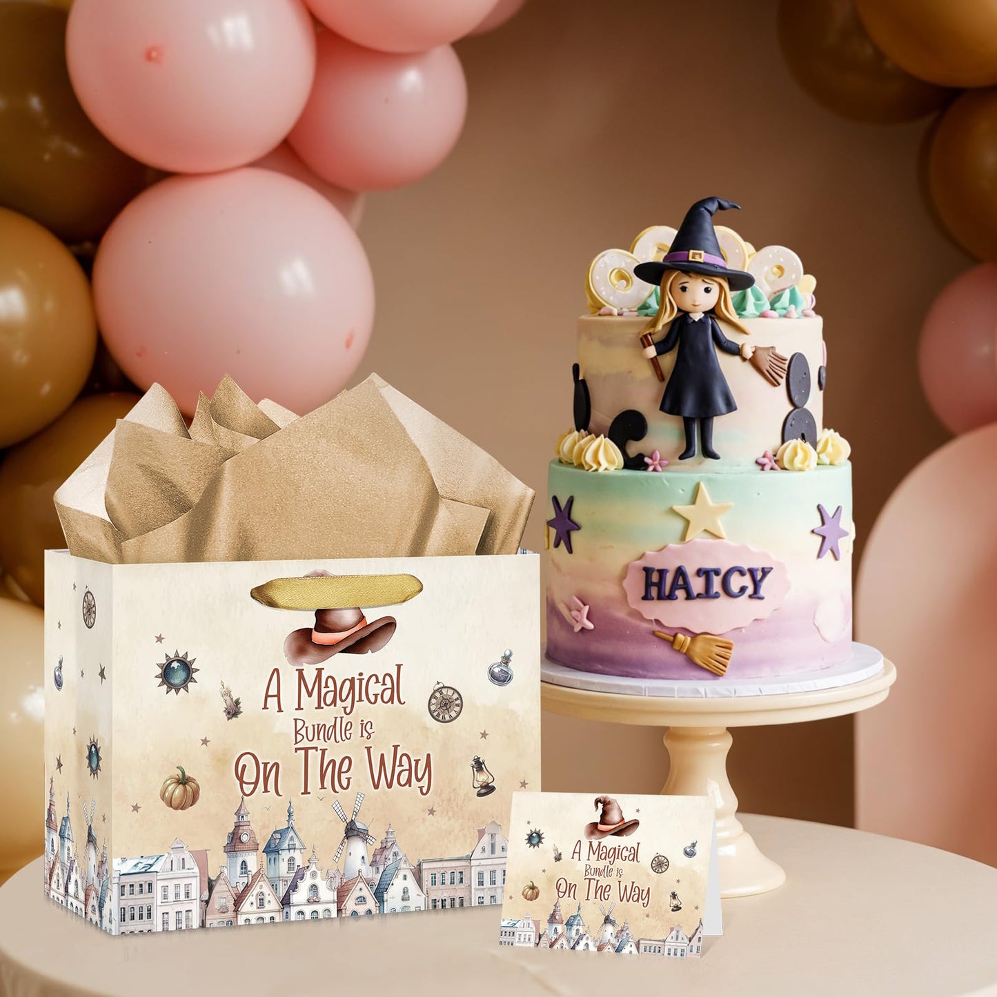 Magical Wizard Baby Shower Birthday Gift Bag for Baby Girls A Magical Bundle is On The Way Bag with Wrapping Paper Card Large Brown Castle Witch Gift Bag for Halloween Baby Shower Party Supplies