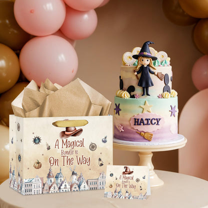 Magical Wizard Baby Shower Birthday Gift Bag for Baby Girls A Magical Bundle is On The Way Bag with Wrapping Paper Card Large Brown Castle Witch Gift Bag for Halloween Baby Shower Party Supplies