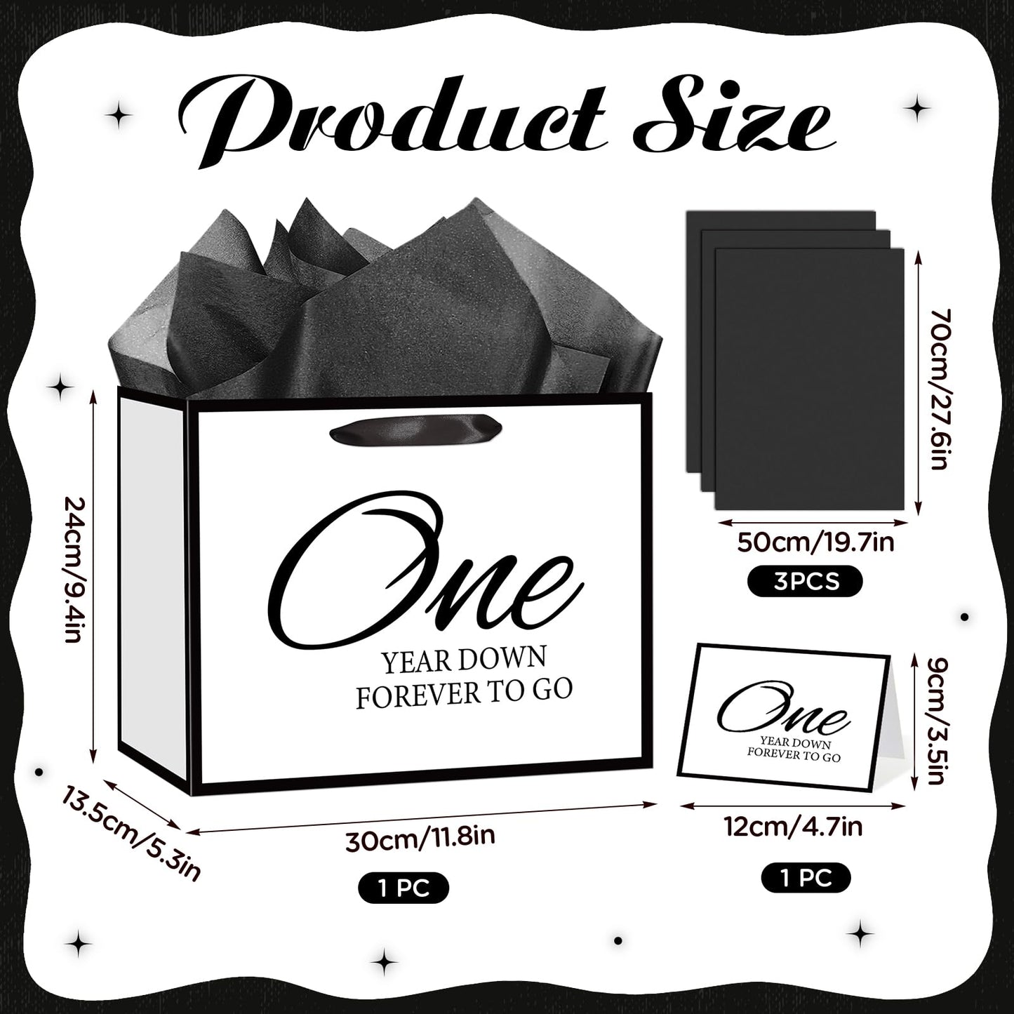 TagreSpike 1st Anniversary Paper Gift Bag with Tissue Paper and Card - Large One Year Down Forever to Go Wrapping Bag - Black and White Paper Anniversary Party Supplies for Husband Wife