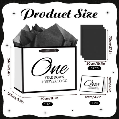 TagreSpike 1st Anniversary Paper Gift Bag with Tissue Paper and Card - Large One Year Down Forever to Go Wrapping Bag - Black and White Paper Anniversary Party Supplies for Husband Wife
